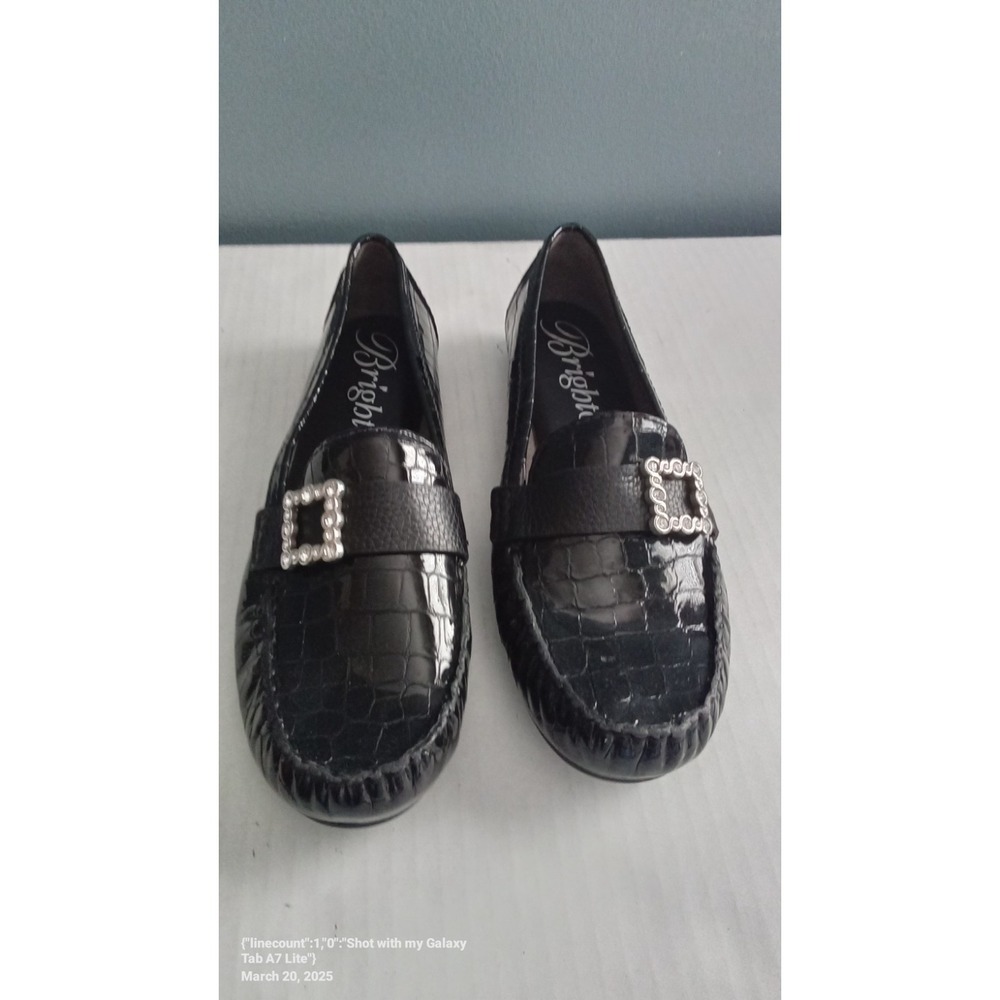 Brighton Black‎ Loafers Croc Embossed Jewel Buckle Slip On Shoes
